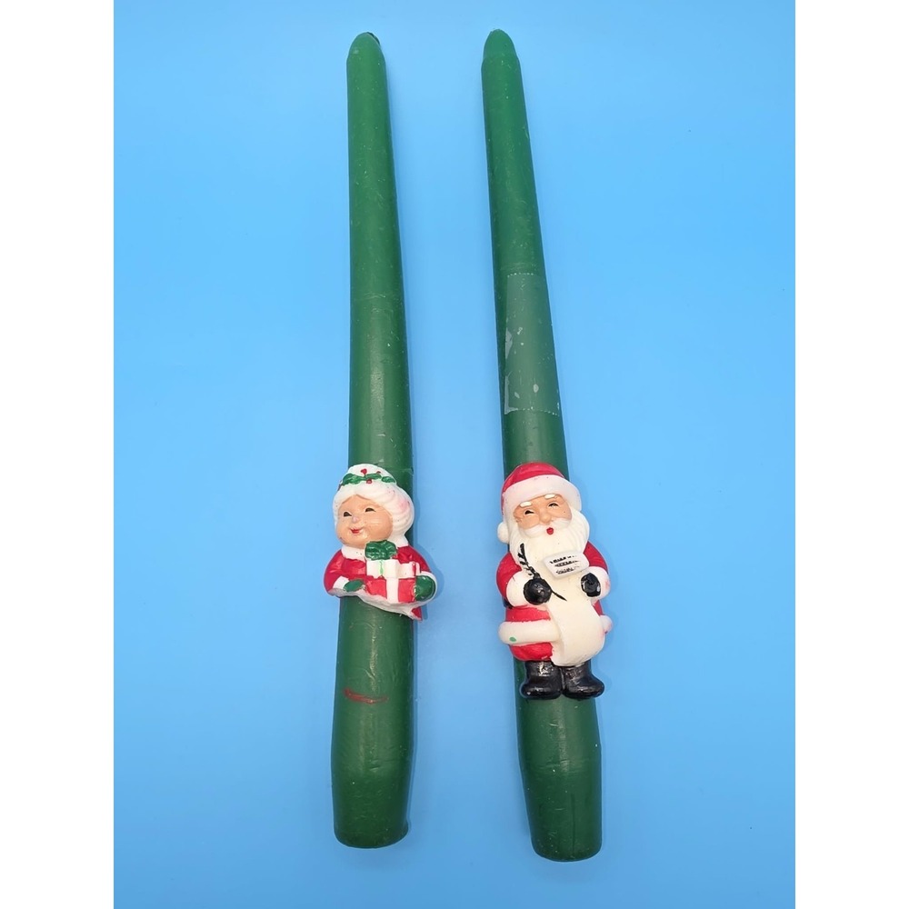 Santa & Mrs Claus 10-inch Christmas Green Taper Candles Vintage
